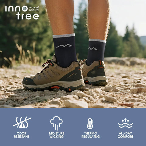 Hiker wearing Men's Merino Wool Hiking Socks 3 Pack Micro Crew Cushioned Thermoregulating All Season Comfort Moisture Wicking Trekking Socks Trail Ready For Outdoors And Everyday Adventures with hiking boots on a rocky trail.