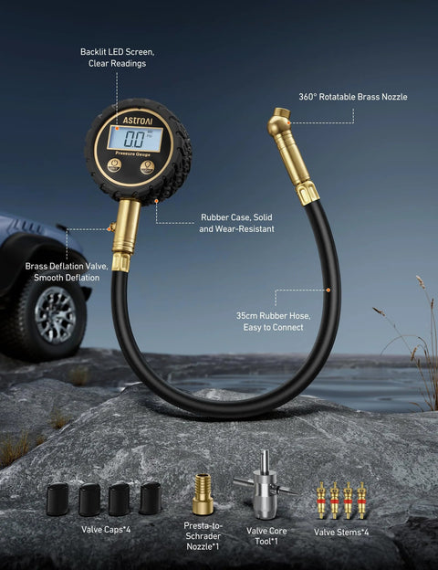 Front view of AstroAI tire pressure gauge with backlit LED, brass body and 35 cm rubber hose; includes 4 valve caps and adapters.
