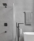 Oil Rubbed Bronze Bath Faucet Set With High Pressure 8-Inch Square Rain Shower Head, 9.6-Inch Shower Arm in modern bathroom.