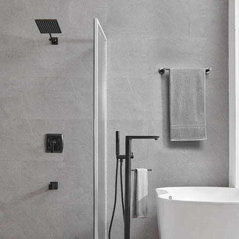 Oil Rubbed Bronze Bath Faucet Set With High Pressure 8-Inch Square Rain Shower Head, 9.6-Inch Shower Arm in modern bathroom.