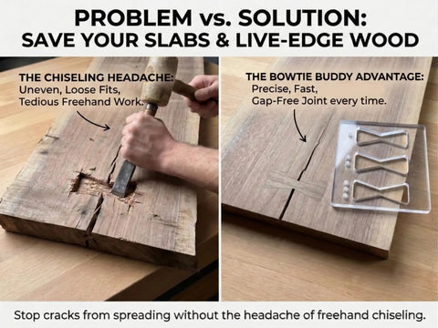 Woodworking Router Inlay Kit With Butterfly Joint System and Bow Tie Template shown in use for slab stabilization.