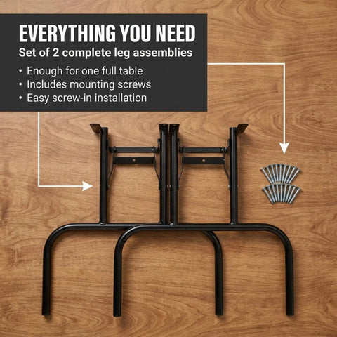 Rock Solid Steel Folding Banquet Legs Set Of 2 In Sleek Black Finish Hella Tough To Anchor Your Custom Diy Table Layouts At Parties Or Backyard Chills Absolutely No Sweat, includes legs and screws on wood surface.