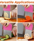 Front view of pink-handled waffle fry cutter with stainless steel blades slicing potatoes.
Side view of pink-handled waffle fry cutter slicing carrot sticks with vertical blades.
Close-up of pink-handled waffle fry cutter blades (stainless steel).
Angled view of pink-handled waffle fry cutter cutting cucumber into crinkles.