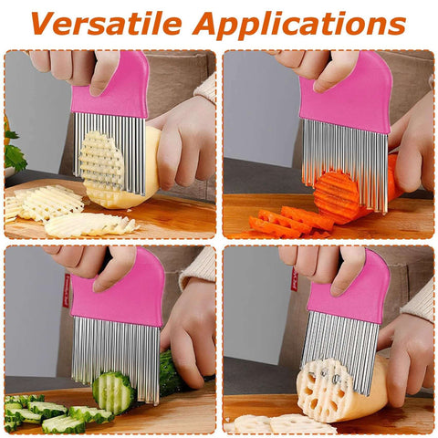 Front view of pink-handled waffle fry cutter with stainless steel blades slicing potatoes.
Side view of pink-handled waffle fry cutter slicing carrot sticks with vertical blades.
Close-up of pink-handled waffle fry cutter blades (stainless steel).
Angled view of pink-handled waffle fry cutter cutting cucumber into crinkles.