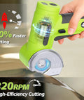 Upgraded Cordless Electric Scissors With Wider Opening And Large 1.84 Inch Tungsten Blade For Heavy Duty Cardboard Cutting showcasing 320RPM rotary cutter in green finish.