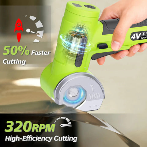 Upgraded Cordless Electric Scissors With Wider Opening And Large 1.84 Inch Tungsten Blade For Heavy Duty Cardboard Cutting showcasing 320RPM rotary cutter in green finish.