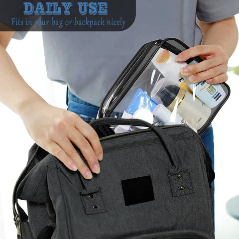 Person placing a filled TSA approved cosmetic bag into a backpack. 16 Pack Clear Makeup Bags TSA Approved Travel Toiletry Pouches PVC Waterproof Zipper Bags for Carry On Clear Cosmetic Bags Set for Men and Women Organize Your Travel Essentials for On The Go.