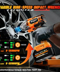 Magsen Cordless Impact Wrench With 700 Ft-Lbs High Torque Brushless Motor displaying variable speed controls for tire lug nut removal.