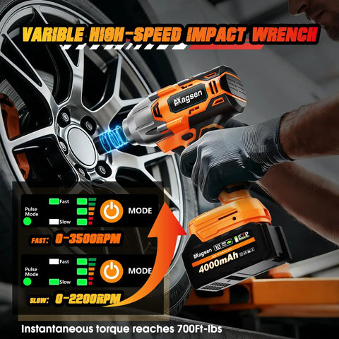 Magsen Cordless Impact Wrench With 700 Ft-Lbs High Torque Brushless Motor displaying variable speed controls for tire lug nut removal.