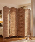 Four-Panel 6-Foot Tall Room Divider Freestanding Privacy Screen With Hand-Woven Paper Rope Diamond-Weave Natural Finish in bedroom