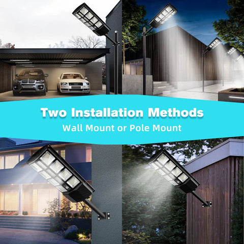 Solar Powered Outdoor Street Light Dusk To Dawn With 3 Modes Motion Sensor And Remote Control 6000K 374 LEDs mounted