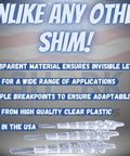 Transparent Shims For Cabinets Baseboards Countertops And Toilets Invisible Precision Leveling Wedges For Pro Finish Carpentry And DIY Install Interior Home Remodel Tool 12 Pack displayed in front of a backdrop with text highlights of features.