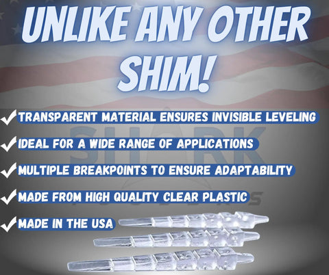 Transparent Shims For Cabinets Baseboards Countertops And Toilets Invisible Precision Leveling Wedges For Pro Finish Carpentry And DIY Install Interior Home Remodel Tool 12 Pack displayed in front of a backdrop with text highlights of features.