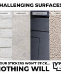 Textured, concrete, plastic, and carpet surfaces for testing sticker adhesion.