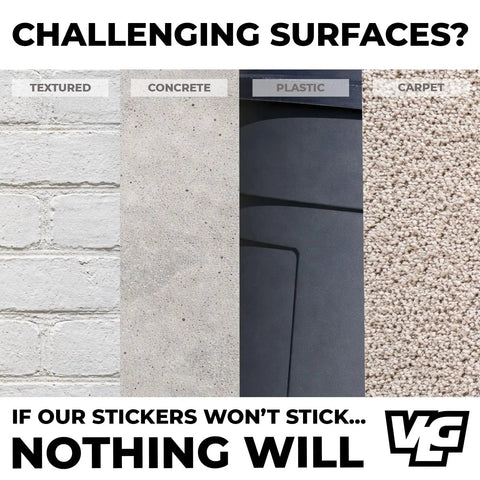 Textured, concrete, plastic, and carpet surfaces for testing sticker adhesion.