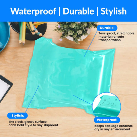 Teal 10x13 Inch Poly Mailers 220 Pcs Self Sealing Non Padded Shipping Bags on desk, highlighting tear resistance