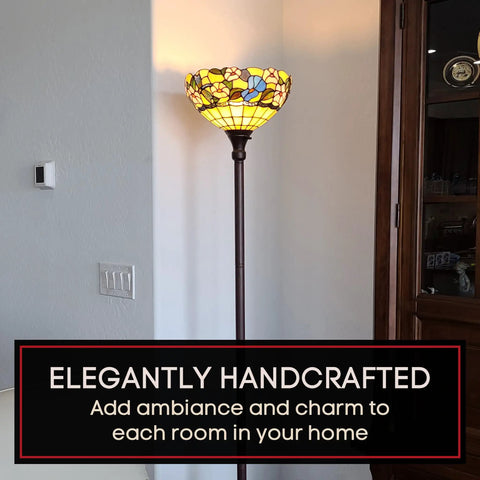 Upright Tiffany Floor Lamp With Pearl Stained Glass Shade 72 Inch Tall Handcrafted Antique Finish Featuring 96 Glass Pieces And 84 Jewels Delivers A Cool White Glow For Living Rooms Hallways And Entryways