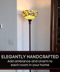 Statement Floor Lamp With Floral Hummingbird Stained Glass, 70 Inch Tall, Handcrafted Antique Finish, glowing in a living room
