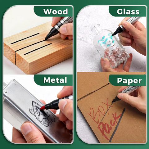Heavy Duty Permanent Markers With Smooth Fine Tips In Bold Black Red Blue And Green feature on wood, metal, glass, and paper surfaces.