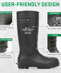 Mens Steel Toe Rain Boots PVC Rubber Waterproof Knee High Work Boots For Construction Agriculture Industrial And Heavy Duty Outdoors Slip Resistant Garden And Fishing Gear Size 9, side view showing features.