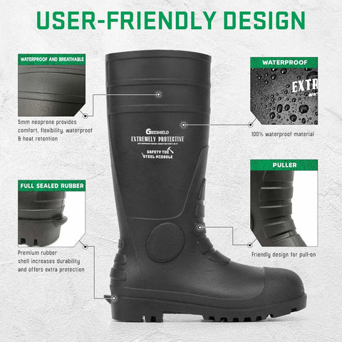 Mens Steel Toe Rain Boots PVC Rubber Waterproof Knee High Work Boots For Construction Agriculture Industrial And Heavy Duty Outdoors Slip Resistant Garden And Fishing Gear Size 9, side view showing features.