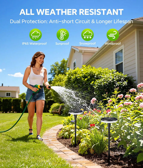 Woman watering garden near six pack solar pathway lights outdoor auto on off waterproof IP65 garden landscape path lights