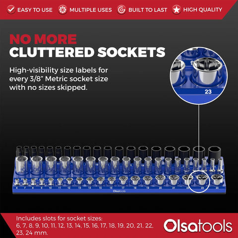 Magnetic Socket Organizer For Three Eighths Inch Drive, Three Row Holder That Keeps 54 Metric Sockets Neat, Blue Tool Box Organizer