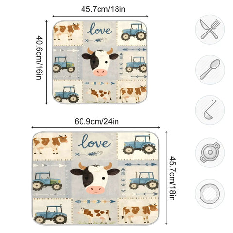 Farm Themed Dish Drying Mat With Cows And Tractor Design, Extra Large 18x24 Inches, shown with size dimensions for two options