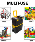 Portable Rolling Tool Box With Wheels Stackable Two In One Tool Chest With Fold Down Comfort Handles Tough Latches And Removable Storage Trays Heavy Duty Dual Compartment Organizer For Home Garage Or On The Go in multi-use setting