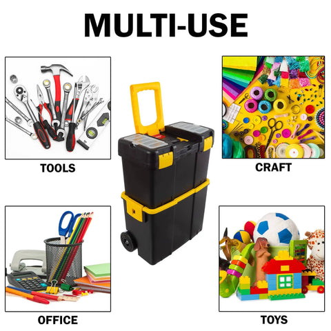 Portable Rolling Tool Box With Wheels Stackable Two In One Tool Chest With Fold Down Comfort Handles Tough Latches And Removable Storage Trays Heavy Duty Dual Compartment Organizer For Home Garage Or On The Go in multi-use setting