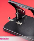 Close-up of 3 Hole Punch for Home Office, Medium Duty, 30 Sheet Capacity with ergonomic handles on a durable metal base, black.