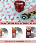 28mm Rotary Cutter Replacement Blades Set With 5 Tungsten Steel Blades For Thick Fabric Leather Felt And Vinyl Razor Sharp Durable Spare Blades Compatible With Fiskars Olfa Clover And More, showcasing rotary cutter in use and packaging