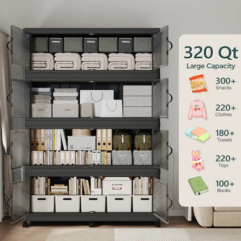 Beefy 1600 Qt Extra Large Stackable Storage Bins With Lid 400 Gal Plastic Closet Organizers And Drawer System Collapsible Cabinet Box With Wheels And Clear Doors 5 Pack Black showing organized shelves with boxes and items.