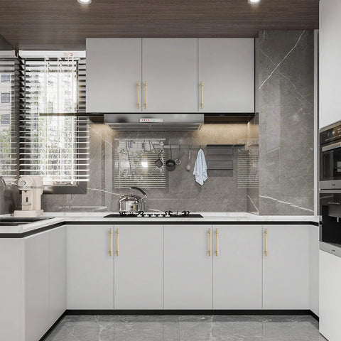 Modern kitchen with 10 Pack 5 Inch Brushed Brass Cabinet Handles 128mm Gold Kitchen Cabinet Pulls on white cabinets.