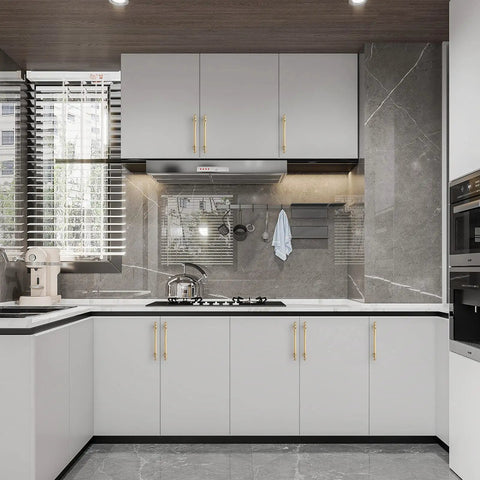 Modern kitchen with 30 Pack 5 Inch Brushed Brass Kitchen Cabinet Handles Gold Cabinet Pulls Hardware Set For Cupboard And Drawer Cabinets