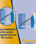 Illustration showing pack of ten 12 AWG solid copper ground wires with green ground screws for electrical boxes, installed wiring