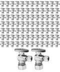 100 Pack Go-To Angle Stop Valves One Half Inch Nominal Five Eighths Inch OD Compression To Three Eighths Inch OD Quarter Turn Inlet Lead Free Brass Chrome Plated Safe For Potable Water In Residential And Commercial Plumbing, chrome angle valves