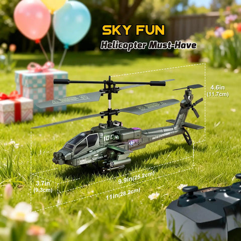 RC Helicopter For Beginners With Altitude Hold Gyro Stabilization And LED Lights, Kid Friendly Remote Control Toy With 2 Batteries And USB C Charging, Totally Beginner Friendly Gift For Boys Ages 8 To 12, Green, shown outdoors with remote and gift boxes.