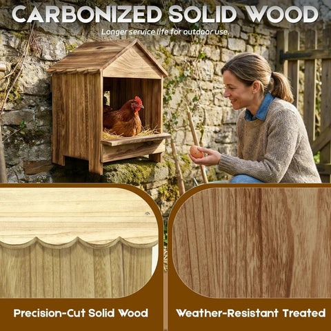 Gold Standard 3 Pack Wooden Chicken Nesting Boxes for Laying Eggs Farmhouse Series shown in use with hen and weather-resistant wood