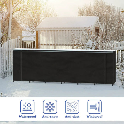 8Ft Firewood Rack With Cover For Outdoor Wood Storage Heavy Duty Beefy Steel Construction in snowy backyard setting.