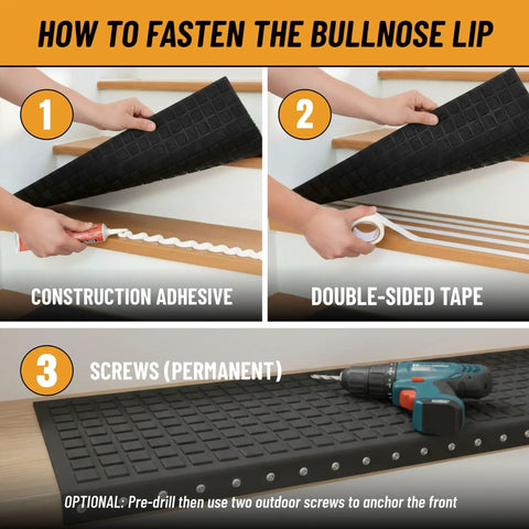 Steps for attaching Outdoor Bullnose Stair Treads Heavy Duty Non Slip Mats For Concrete Brick And Textured Steps with adhesives and screws