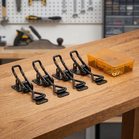 Four Beefy Heavy Duty Stainless Steel Adjustable Toggle Clamp Latch With Quick Release Pull 200kg Load Capacity on a workbench