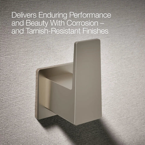 Honesty Robe Hook In Brushed Nickel For Bathroom Storage And Towel Organization against light textured wall