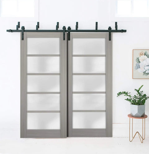 Quadro 4002 Interior Barn Bypass Sliding Doors With Frosted Glass MDF Black Finish 56x96 Inches shown installed in home