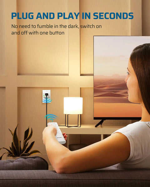 User operating Long Range Remote Control Outlet Kit With 5 Outlets And 2 Remotes for indoor power switch, lamp control visible