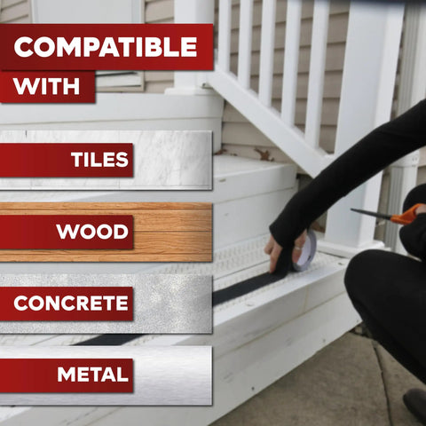 Applying Anti Slip Stair Tape For Steps Black 4 Inch 60 Foot Durable Self Adhesive Non Slip Grip Tape to wooden outdoor stair tread