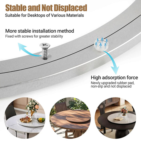 20 Inch Heavy Duty Aluminum Alloy Lazy Susan Turntable Bearing showing installation method with screw for stability on various desks.