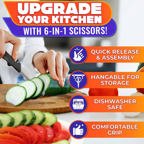 Six In One Kitchen Scissors With Built In Knife Blade Mini Cutting Board Opener Tenderizer And Lock Dishwasher Safe Spring Assist For Faster Prep Safer Cuts And Easy Serving cutting zucchini on board