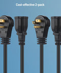 ETL Listed 2-Pack 16 AWG 360 Degree Rotating Flat Plug Short Extension Cords 1ft NEMA 5-15P To 5-15R Low Profile Black