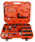 Slick Complete No Hassle Rig Ready 28 Piece Universal Radiator Pressure Tester Kit Including Hand Pump And Adapter Spanner in red case.